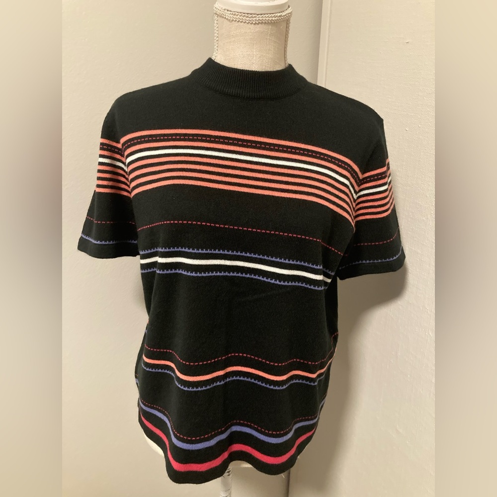 Black Short-Sleeve Striped Knit Top
